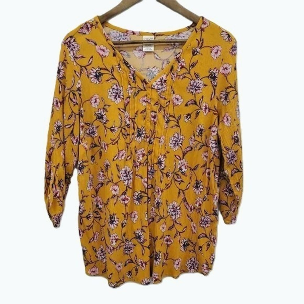 Terra & Sky Womens 0X 14W Mustard Yellow Floral Blouse‎ Top V-Neck 3/4 Sleeve